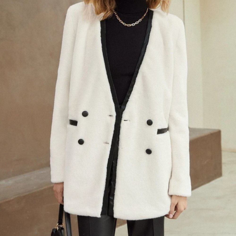 luxury faux leather detailed fuzzy jacket elegant - Picture 3 of 9